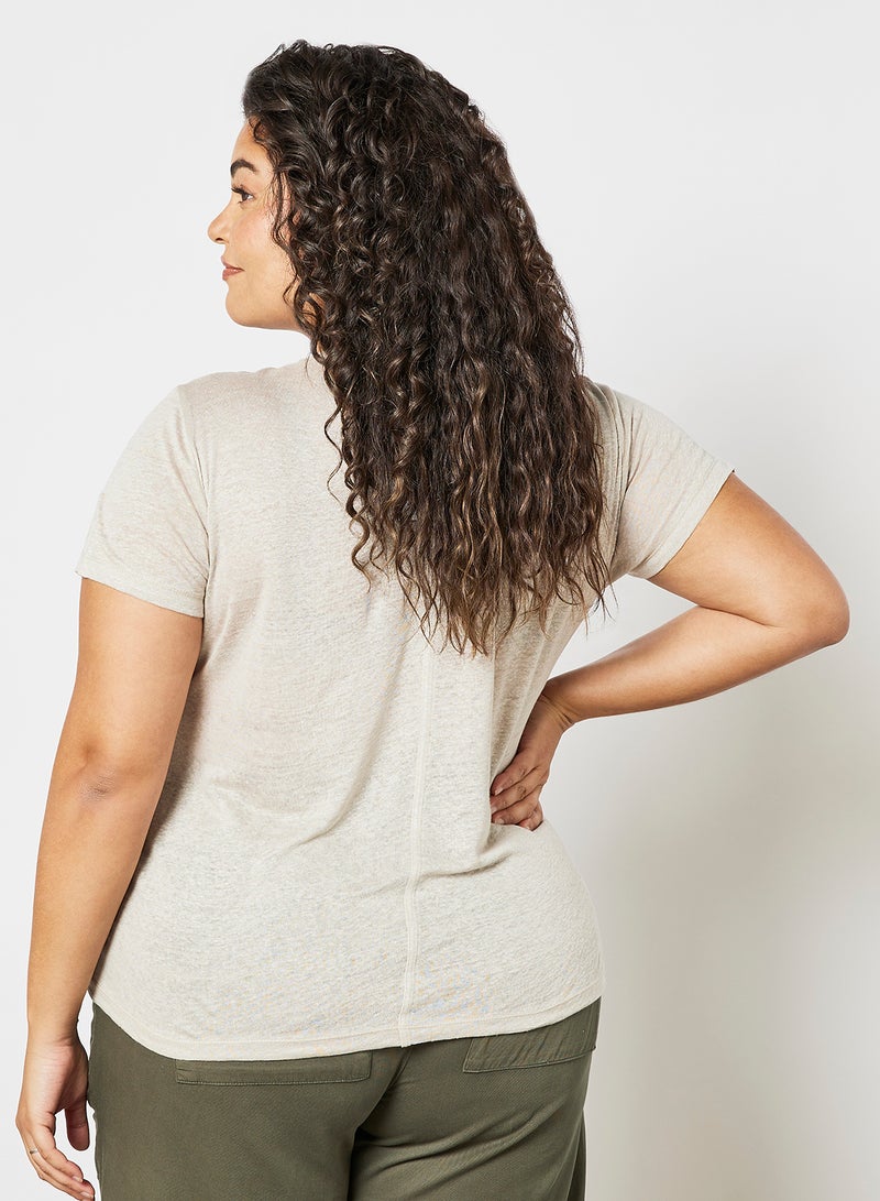 Violeta By Mango - Plus Size Linen T-Shirt Beige - Image 1