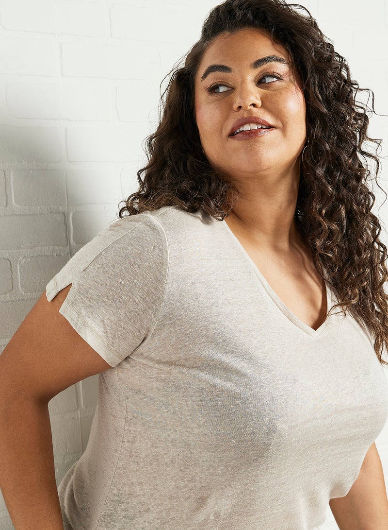 Violeta By Mango - Plus Size Linen T-Shirt Beige - Image 1