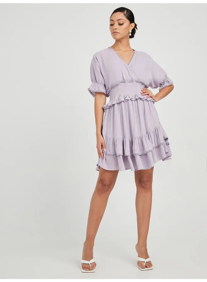 Closet By Styli V-Neck Smocked Detail A-Line Mini Dress Lilac