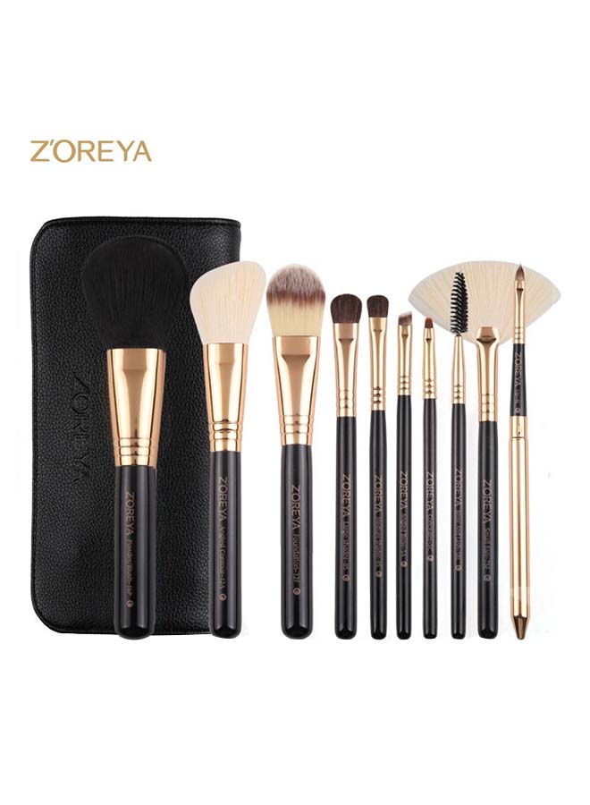 Z'OREYA - 10 Pcs Premium Quality Makeup Brush Set - Black Leather Case Black/Gold - Image 1