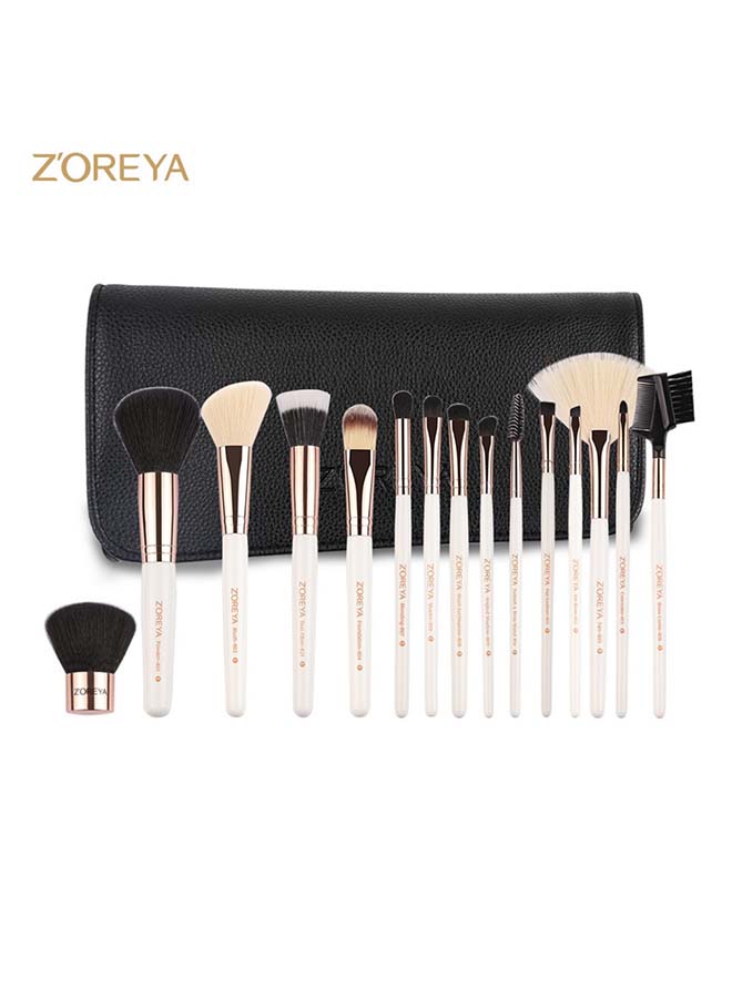 Zoreya - 15 Pcs Premium Quality Makeup Brush Set - Black Leather Case White/Rose Gold - Image 1
