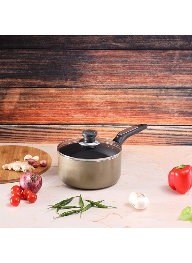 Royalford Aluminium Sauce Pan With CD Bottom, Heat-Resistant Exterior, Strong Bakelite Handle, Tempered Glass Lid With Steel Frame Gold 20cm  - Image 4