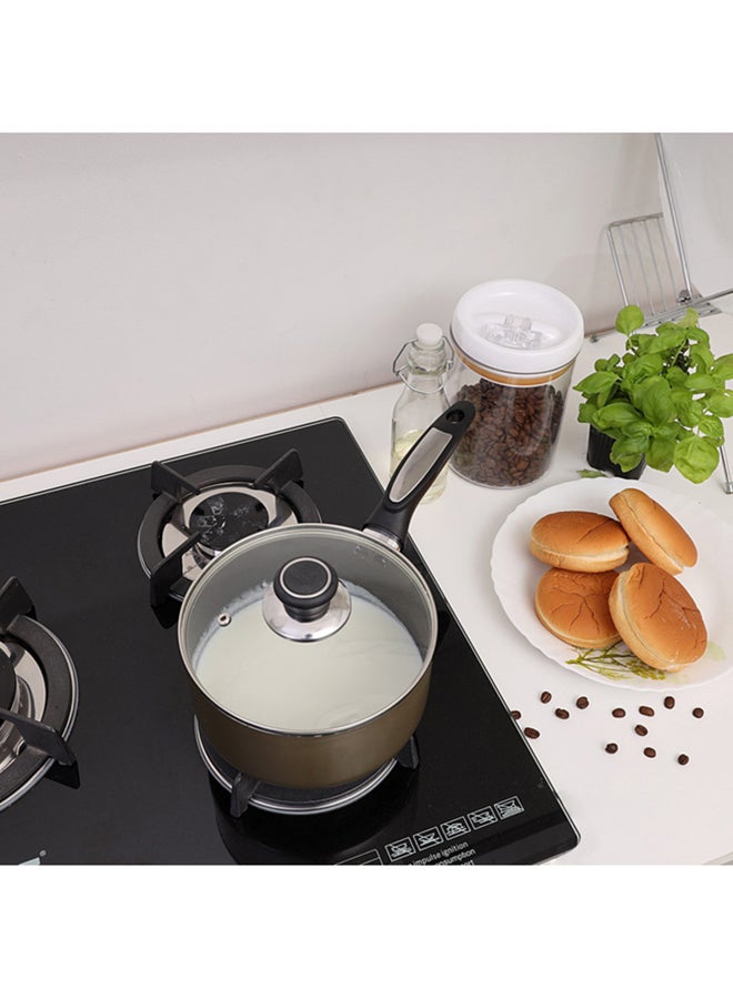 Royalford Aluminium Sauce Pan With CD Bottom, Heat-Resistant Exterior, Strong Bakelite Handle, Tempered Glass Lid With Steel Frame Gold 20cm  - Image 3