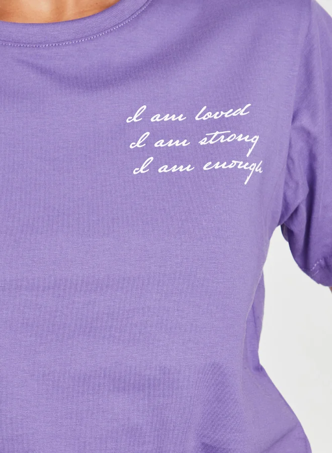 Closet By Styli I Am Loved Slogan Printed Knitted Crop T-Shirt Purple/White