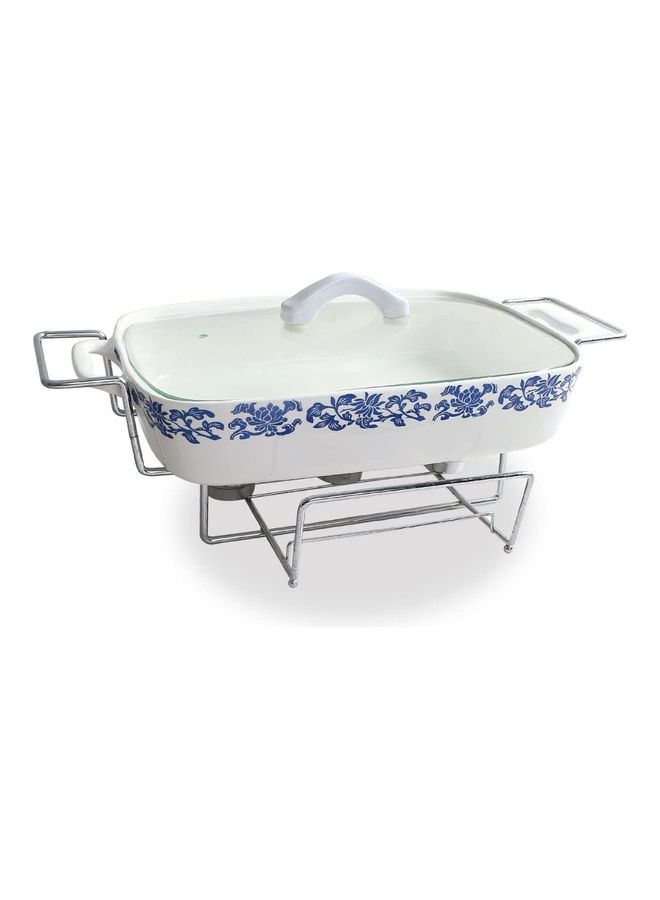 BLACKSTONE Rectangle Chafing Dish Porcelain Marble Buffet Set White/Blue/Silver 43cm 