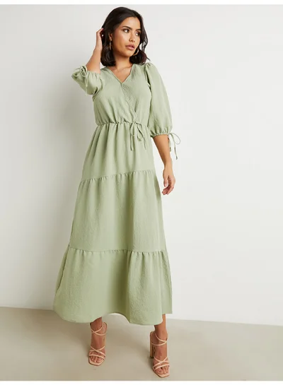 Closet By Styli Self Tie Detail Textured A-Line Midi Dress Green