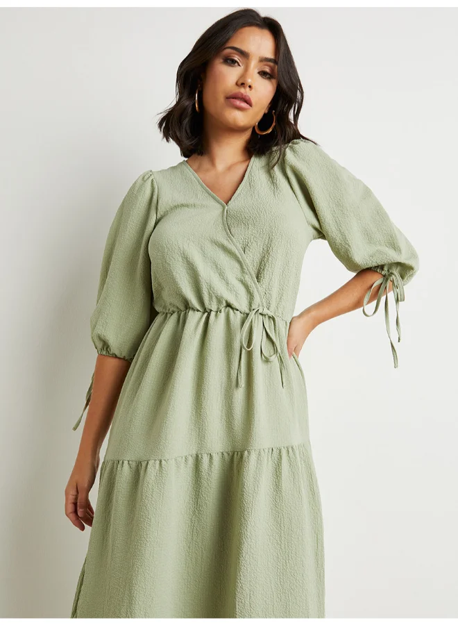 Closet By Styli Self Tie Detail Textured A-Line Midi Dress Green