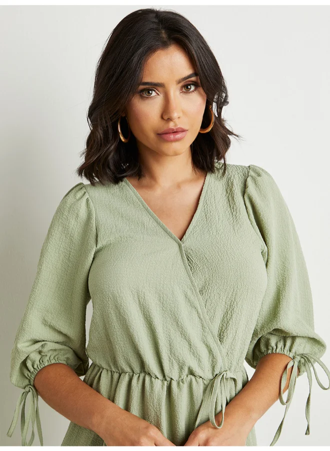 Closet By Styli Self Tie Detail Textured A-Line Midi Dress Green