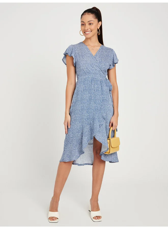 Closet By Styli V-Neck Ruffle Sleeves Wrap Style Dress Blue