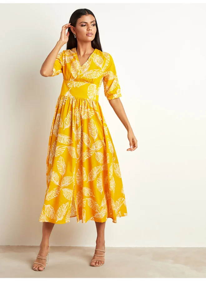 Closet By Styli Leaf Printed V-Neck A-line Midi Dress Mustard