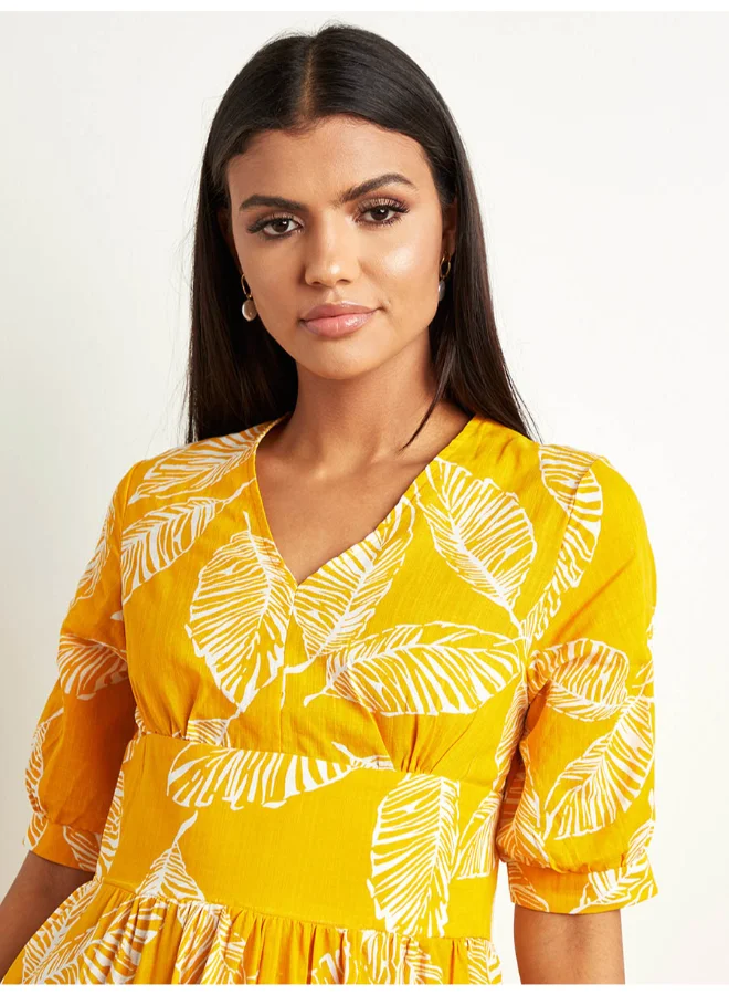 Closet By Styli Leaf Printed V-Neck A-line Midi Dress Mustard