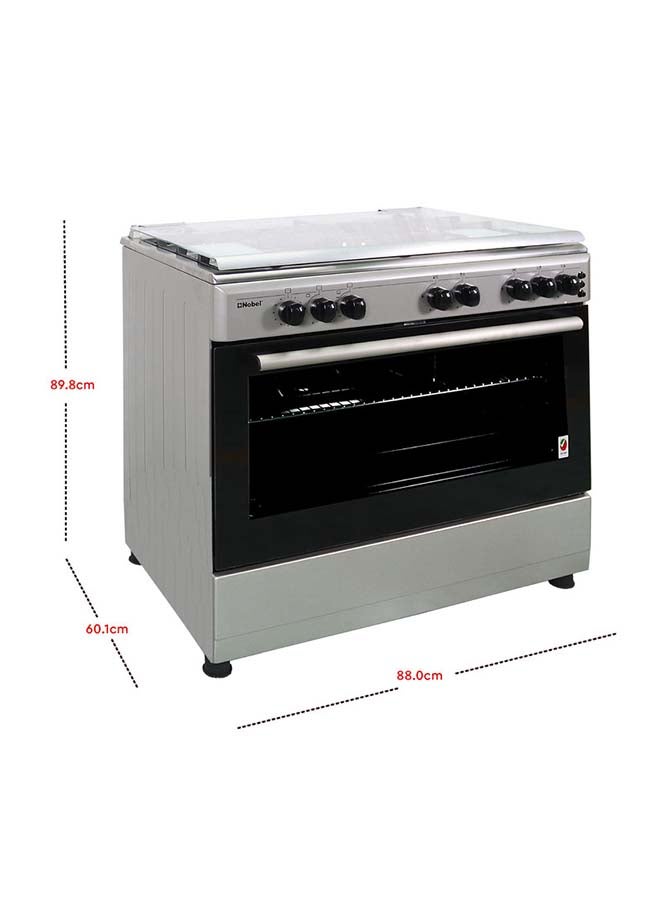 نوبل طباخ غاز 90 × 60، 5 شعلات غاز، فرن غاز وشواية غاز، 8 مقابض تحكم، زر إشعال يدوي، غطاء زجاجي، مؤقت ميكانيكي 90 دقيقة، باب فرن زجاجي مزدوج، حماية لجهاز فشل اللهب، 89.8 × 60.1 × 88 سم، فضي ، صنع في تركيا - Image 2