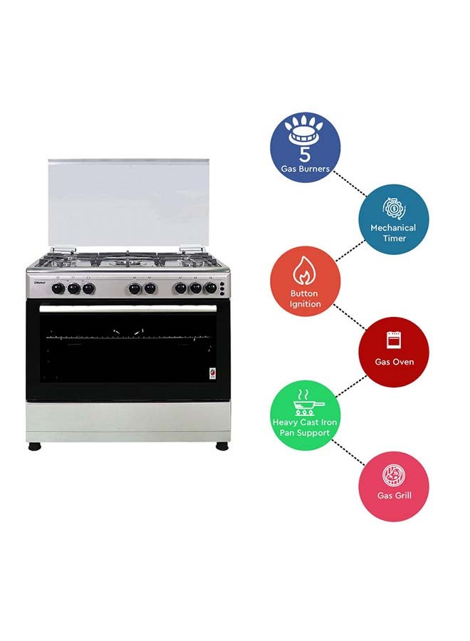 نوبل طباخ غاز 90 × 60، 5 شعلات غاز، فرن غاز وشواية غاز، 8 مقابض تحكم، زر إشعال يدوي، غطاء زجاجي، مؤقت ميكانيكي 90 دقيقة، باب فرن زجاجي مزدوج، حماية لجهاز فشل اللهب، 89.8 × 60.1 × 88 سم، فضي ، صنع في تركيا - Image 3