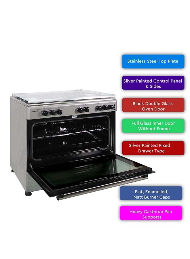 نوبل طباخ غاز 90 × 60، 5 شعلات غاز، فرن غاز وشواية غاز، 8 مقابض تحكم، زر إشعال يدوي، غطاء زجاجي، مؤقت ميكانيكي 90 دقيقة، باب فرن زجاجي مزدوج، حماية لجهاز فشل اللهب، 89.8 × 60.1 × 88 سم، فضي ، صنع في تركيا - Image 4