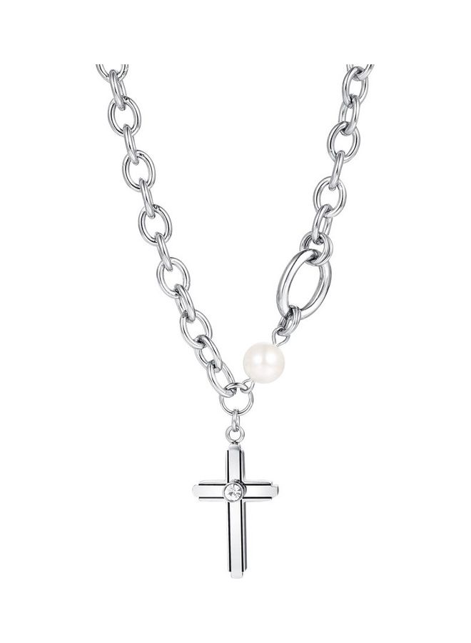 Rhodium Plated Ziron Studded Pendant Necklace