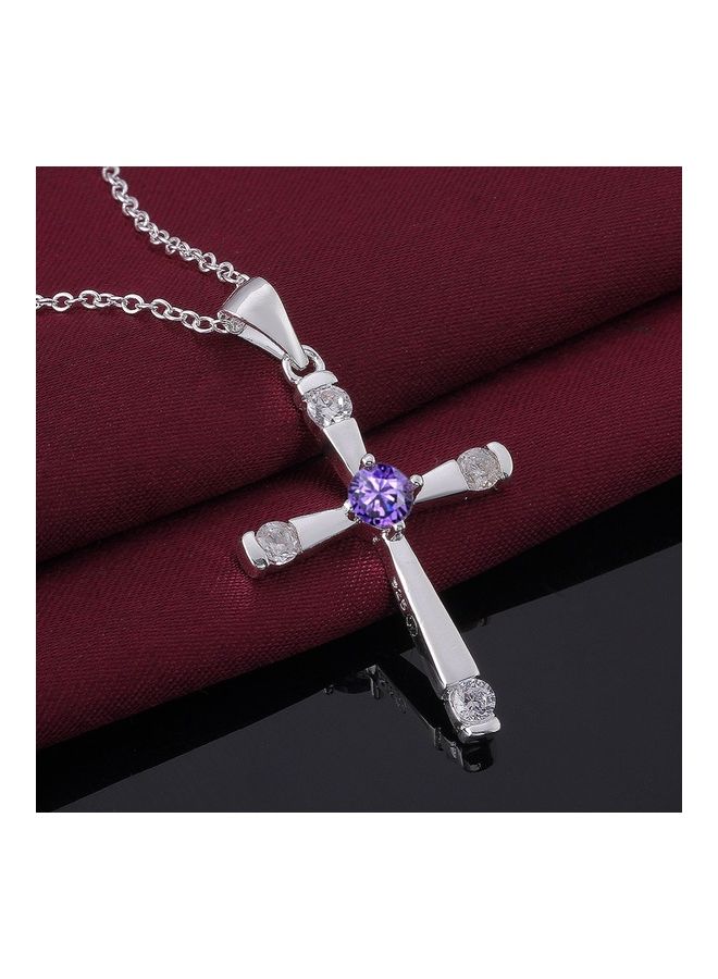 Perfii Rhodium Plated Ziron Studded Pendant Necklace - Image 4