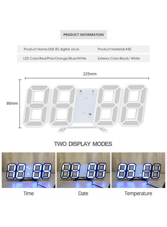 Toshionics - 3D LED Light Time Display Digital Wall Alarm Electronic Table Clock With Tempreture Rane White 225x80mm - Image 1