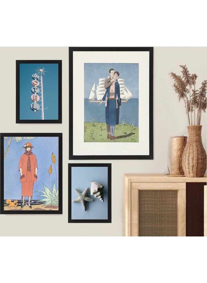 إكسسوارات بومة 4-Piece Vintage Classic Artwork Collection Poster with Frame Blue 50 x 40cm 