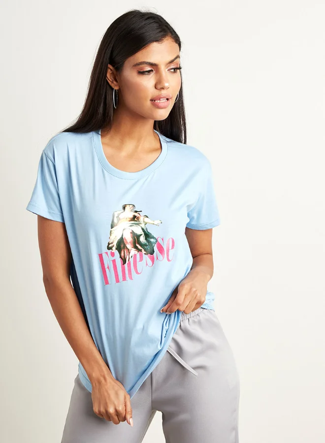 Closet By Styli Finesse Graphic Printed T-Shirt Light Blue/Pink