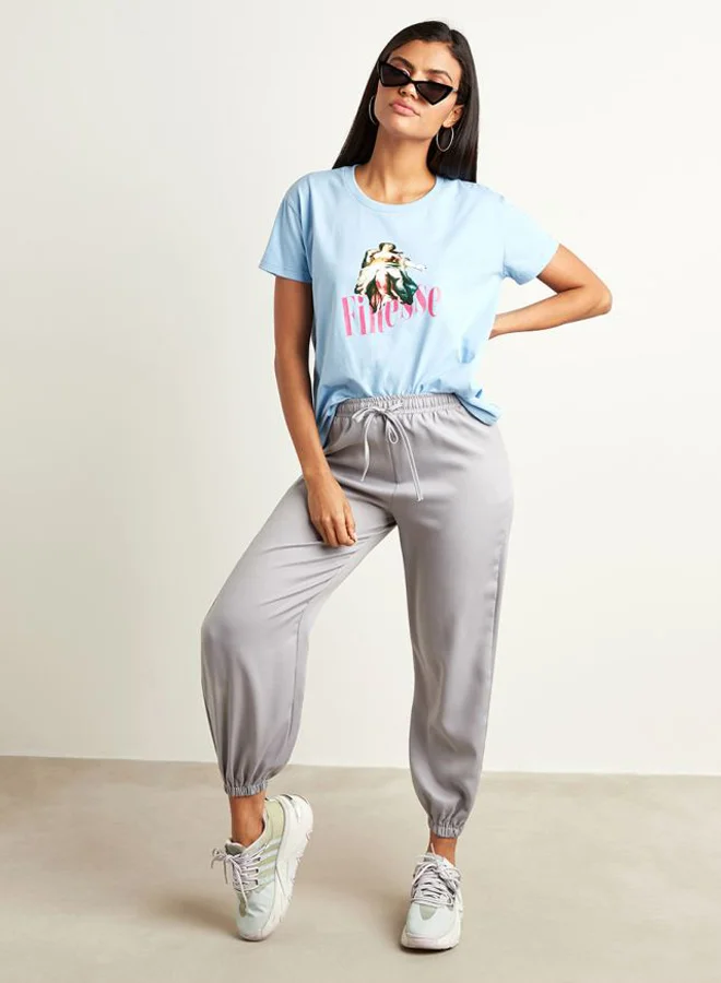 Closet By Styli Finesse Graphic Printed T-Shirt Light Blue/Pink