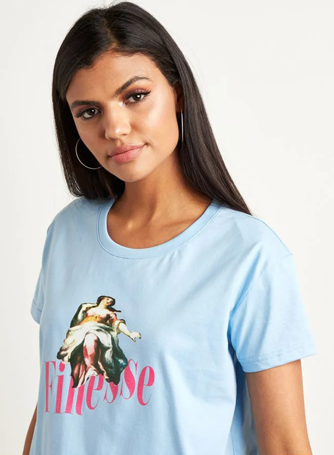 Closet By Styli Finesse Graphic Printed T-Shirt Light Blue/Pink