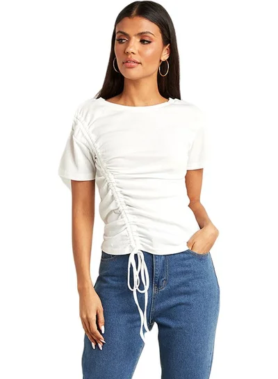 Closet By Styli Ruched Front Detail Ribbed T-Shirt White