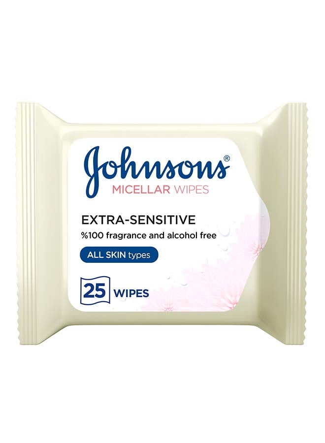 JOHNSON’S Cleansing Facial Micellar Wipes, Extra-Sensitive, All Skin Types, Pack of 25 wipes White - v1639386656/N45385974A_1