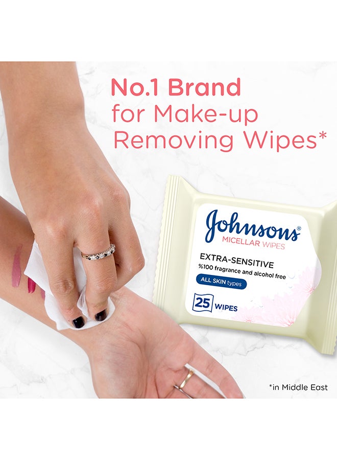 JOHNSON’S Cleansing Facial Micellar Wipes, Extra-Sensitive, All Skin Types, Pack of 25 wipes White - v1639386657/N45385974A_2