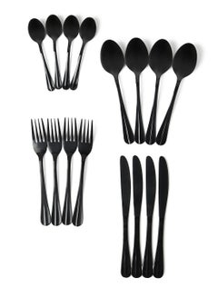 16 Pc Set 16 Piece Cutlery Set - Made Of Stainless Steel - Silverware Flatware - Spoons And Forks Set, Spoon Set - Table Spoons, Tea Spoons, Forks, Knives - Serves 4 - Design Black Flowrish Black Flowrish