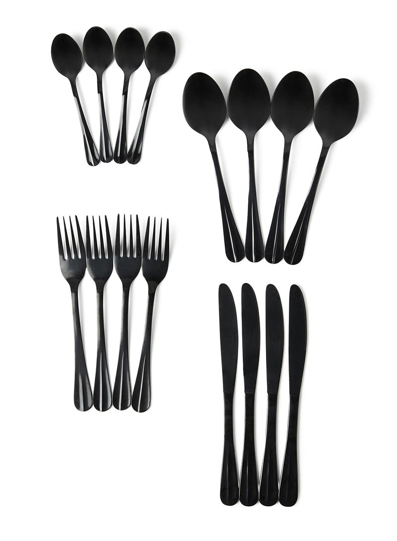 Noon East - 16 Pc Set 16 Piece Cutlery Set - Made Of Stainless Steel - Silverware Flatware - Spoons And Forks Set, Spoon Set - Table Spoons, Tea Spoons, Forks, Knives - Serves 4 - Design Black Flowrish Black Flowrish - Image 1