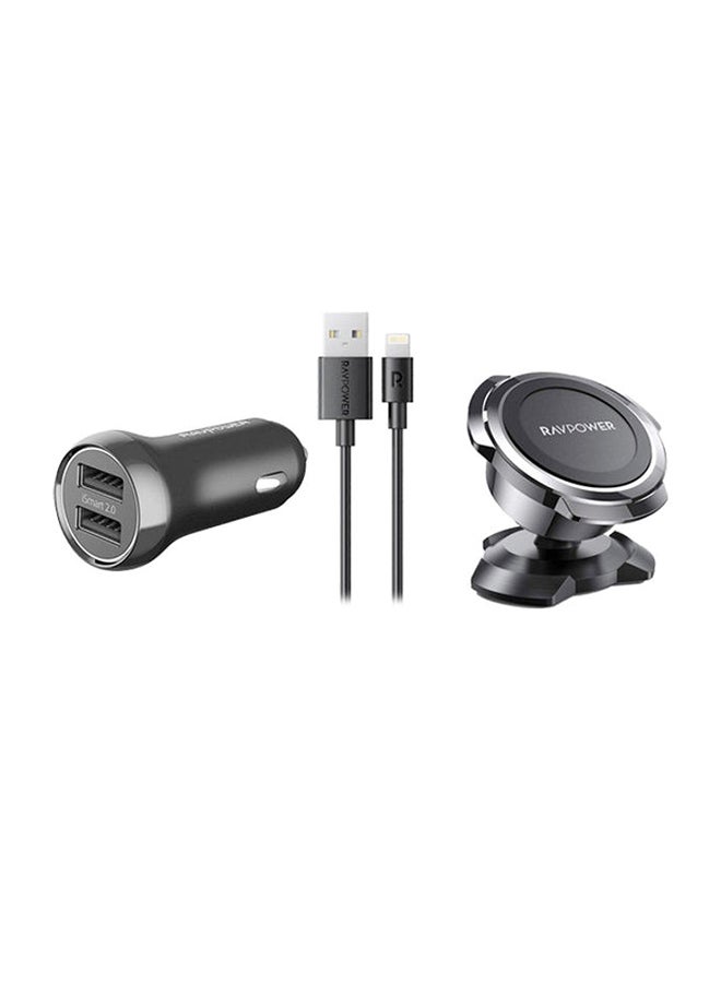RAVPOWER 3-In-1 17W Car Charger With Mount And Cable Black  - Image 1