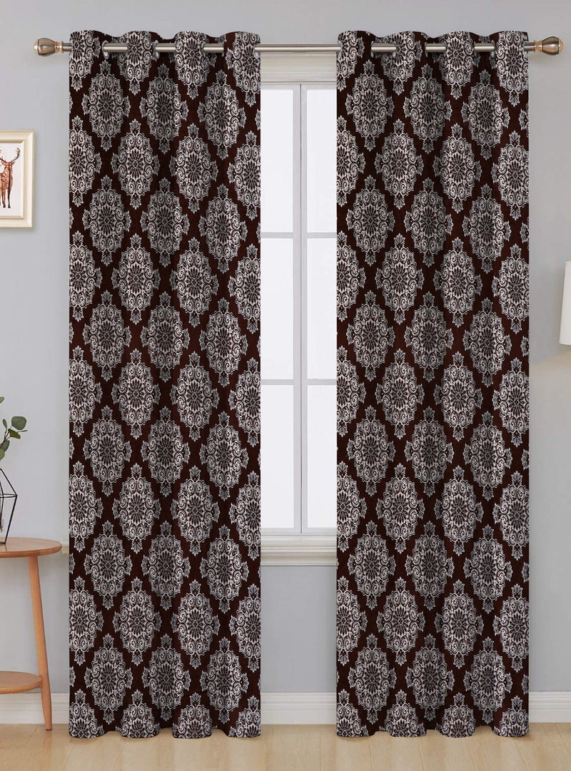 Hometown HOME TOWN 2-Piece Printed out Eyelet Ring Top Window Curtains - 2PK Set Chennile Brown/White 135 x 240cm  - Image 1