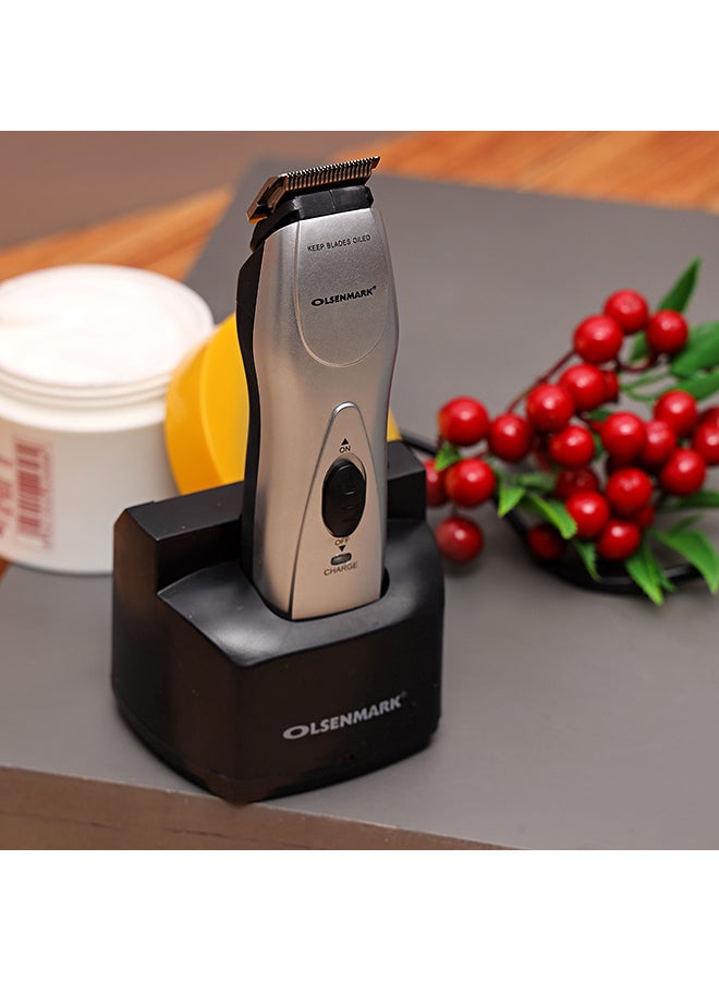Olsenmark - Rechargeable Hair Trimmer  with Chromium Steel Blade - LED indicator light, Cordless - 5 Position Attachment with 3 Jawline Comb, Charging stand And Lubricant Oil Silver/Black - Image 1