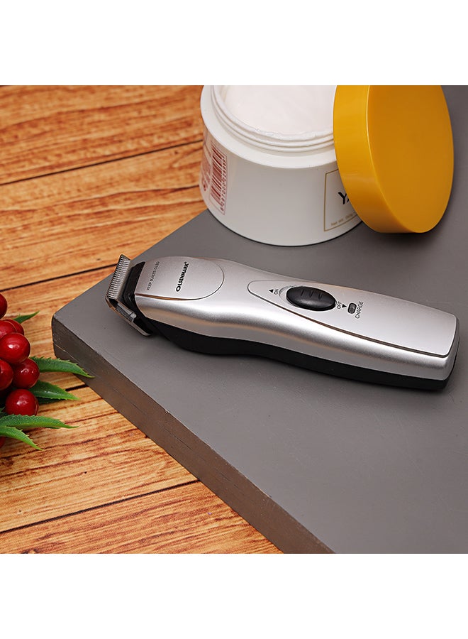 Olsenmark - Rechargeable Hair Trimmer  with Chromium Steel Blade - LED indicator light, Cordless - 5 Position Attachment with 3 Jawline Comb, Charging stand And Lubricant Oil Silver/Black - Image 1