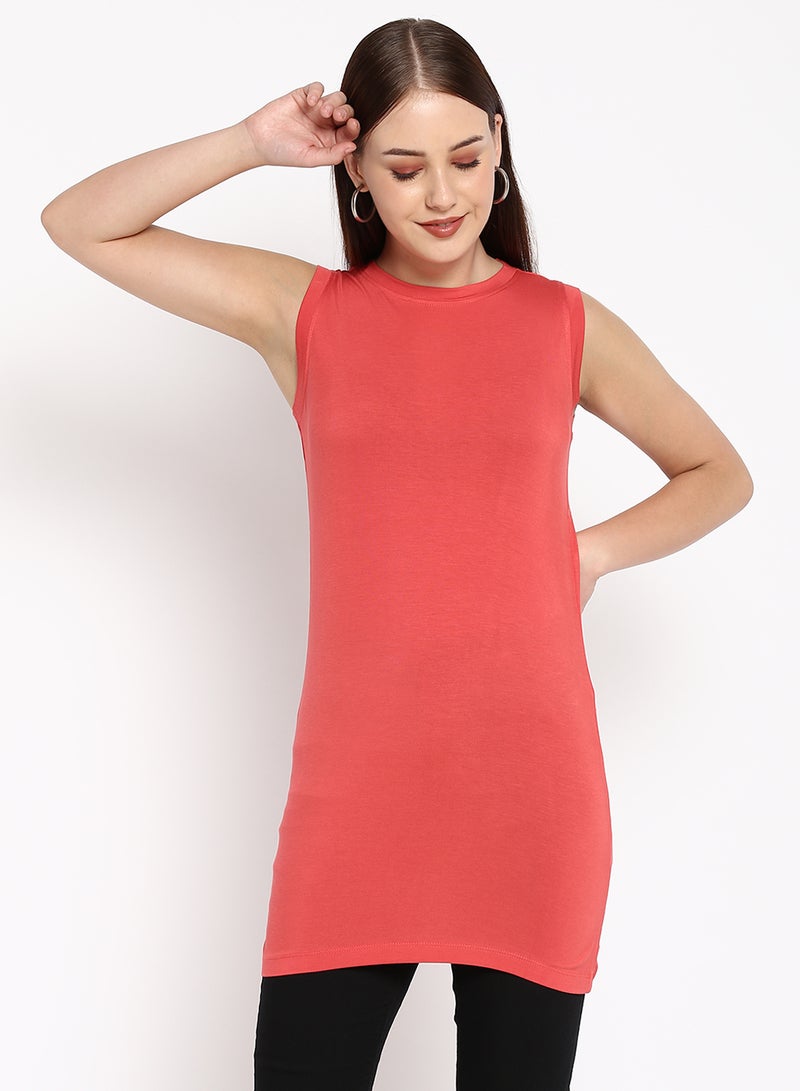 Aila Solid Crew Neck Sleeveless Long T-Shirt Persimmon Orange  - Image 1