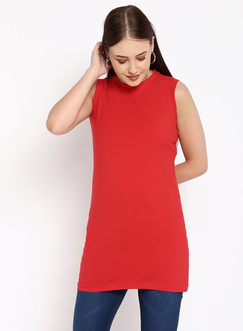 Aila Solid Crew Neck Sleeveless Long T-Shirt Red  - Image 1