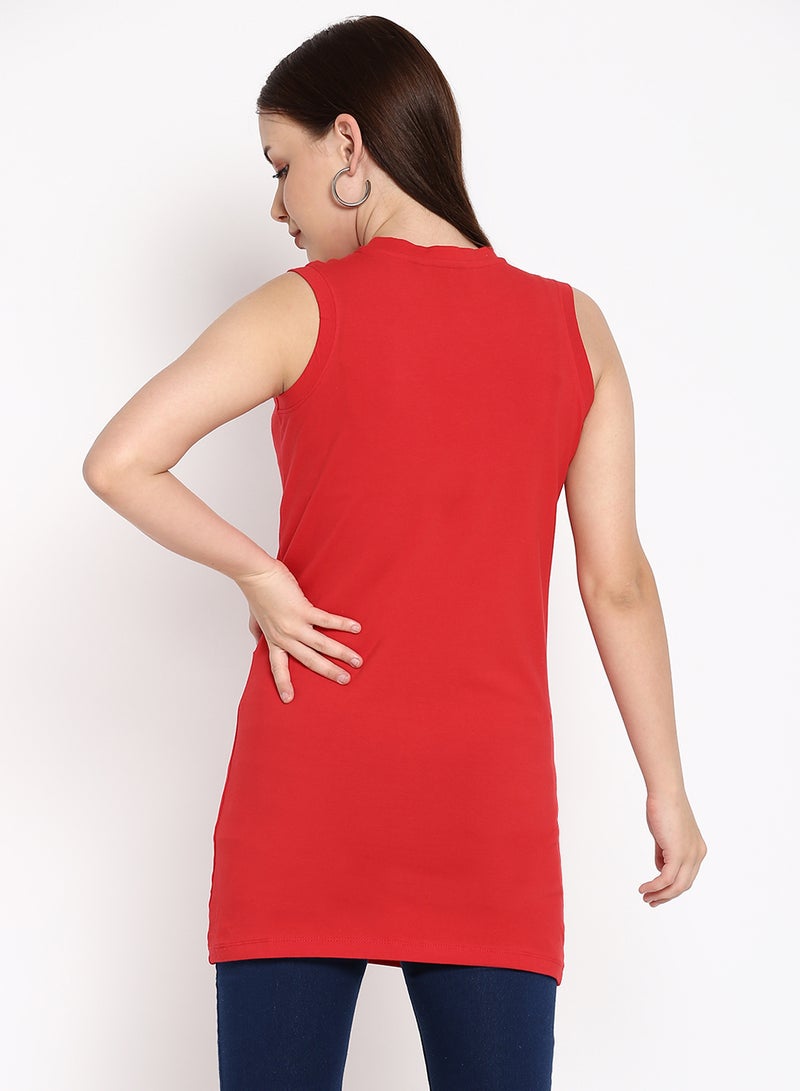 Aila Solid Crew Neck Sleeveless Long T-Shirt Red  - Image 2