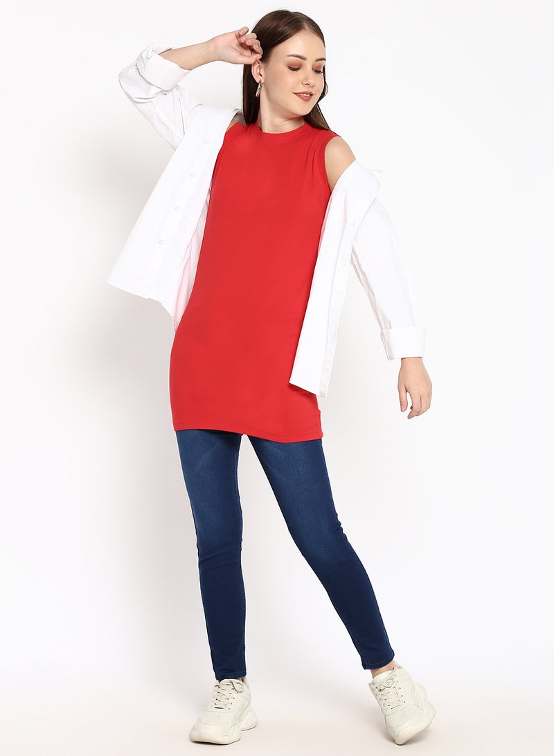 Aila Solid Crew Neck Sleeveless Long T-Shirt Red  - Image 3