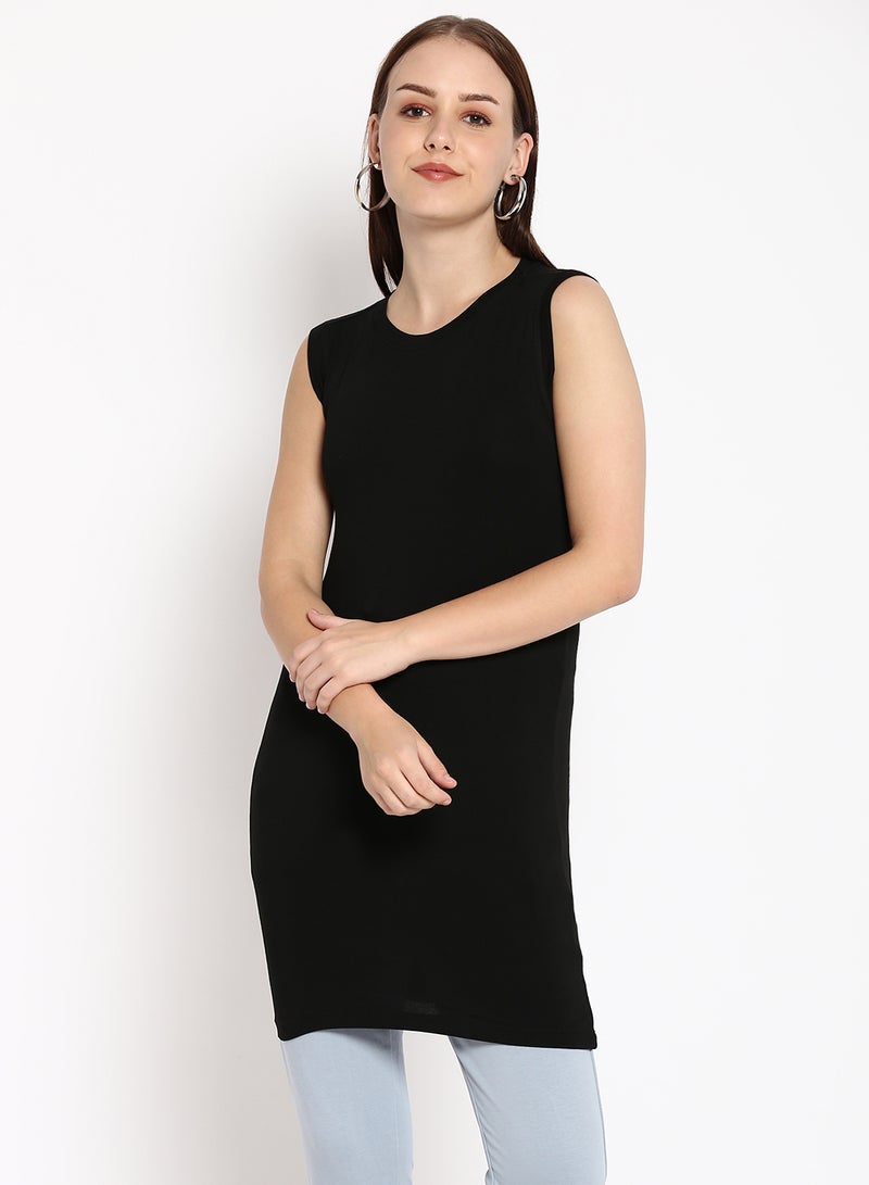 Aila Plain Round Neck Sleeveless Long Top Black  - Image 1