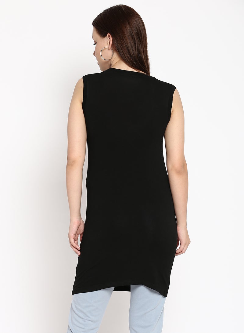 Aila Plain Round Neck Sleeveless Long Top Black  - Image 2