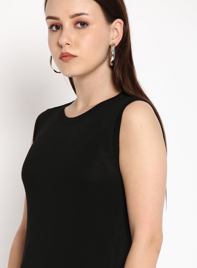 Aila Plain Round Neck Sleeveless Long Top Black  - Image 4