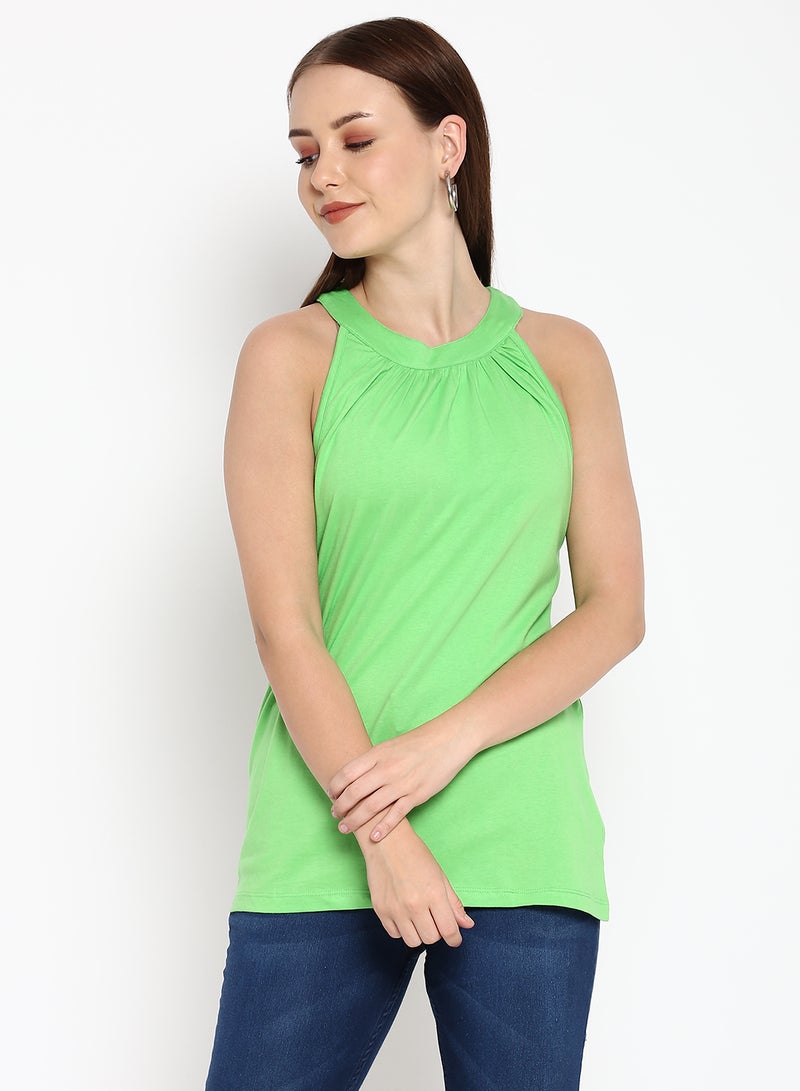 Aila Solid Halter Neck Sleeveless Long T-Shirt Green Ash  - Image 1