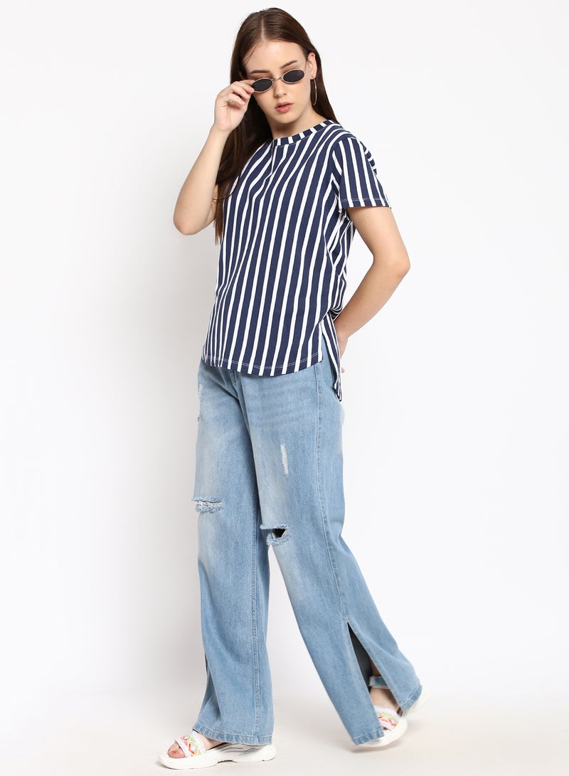 Aila Striped Cotton Jersey T-Shirt Dress Blue  - Image 3