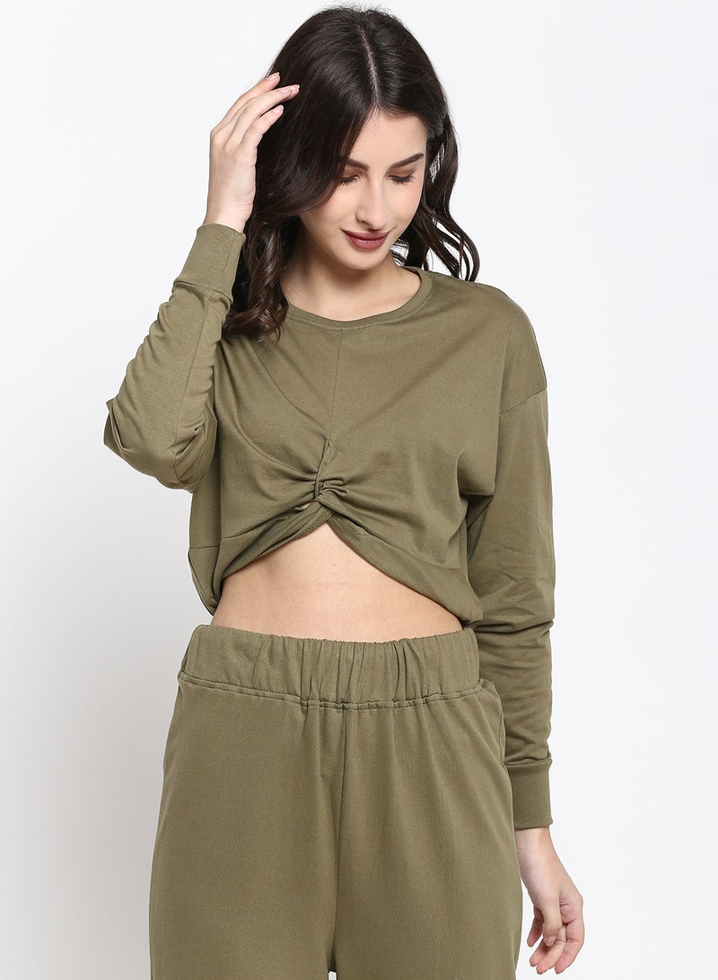 Aila - Twisted Crop Sweat Olive - Image 1