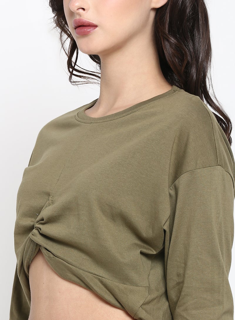 Aila - Twisted Crop Sweat Olive - Image 1