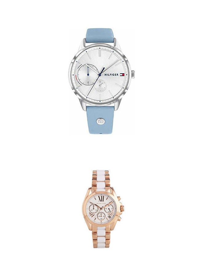 TOMMY HILFIGER Women's Round Shape Leather Band Analog Wrist Watch 1782023 With Women'S Metal Analog Wrist Watch Mk5907