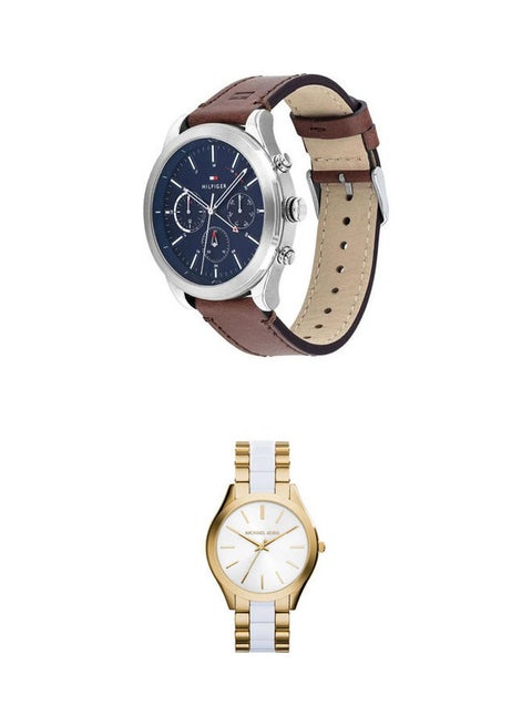 Men's Leather Ashton Multi-Function Chronograph Watch And Runway Analog Watch Mk4295 Set