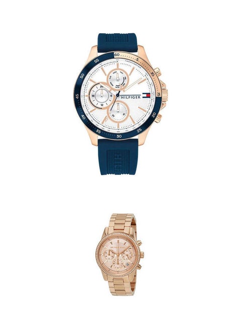 Men's Round Shape Silicone Strap Chronograph Wrist Watch And Stainless Steel Analog Watch MK6357 Set