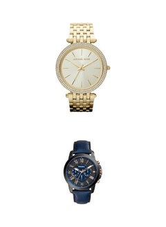 women Metal Analog Wrist Watch Mk3191 With Men'S Grant Round Shape Leather Band Analog Wrist Watch 44 Mm - Blue - Fs5061