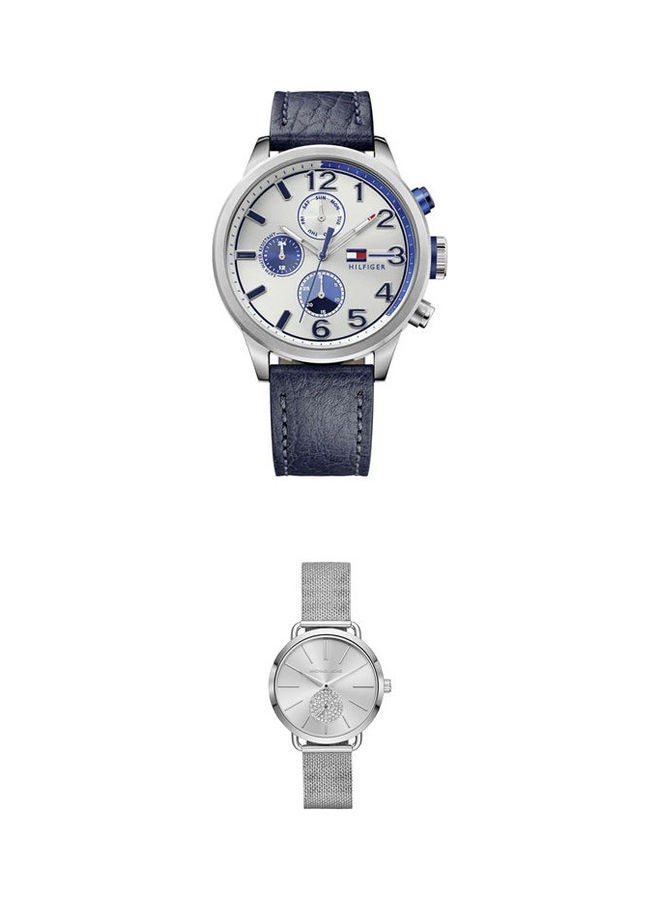Men's Water Resistant Leather Analog Watch And Metal Chronograph Watch MK3843 Set